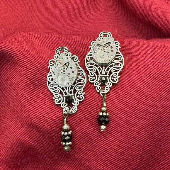 Steampunk Dangle Post Earrings Watch Gear 17 Jewels. - Picture 1 of 14